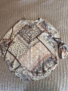 Maurices Cream Patchwork Print Blouse with Black and Peach Accents